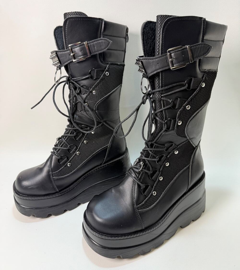 Goth Punk Platform Boots Blk Mid Calf Lace Up Studded Buckle Strap Sz 37/US 6.5